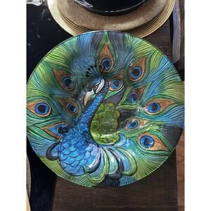 Glass Colorful Blue Green Peacock Decorative Green Blue Feather Display Art Bowl